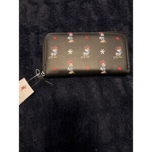Disney Minnie Mouse Wallet NWT Black Zip Around Faux Leather Floral Print